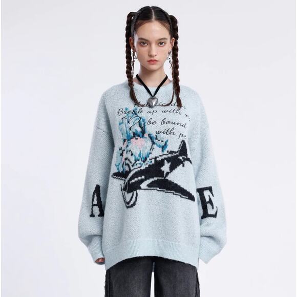 Aelfric Eden City of Love AW23 Crewneck Knit Sweater in Light Blue Size S NWT - Picture 1 of 15